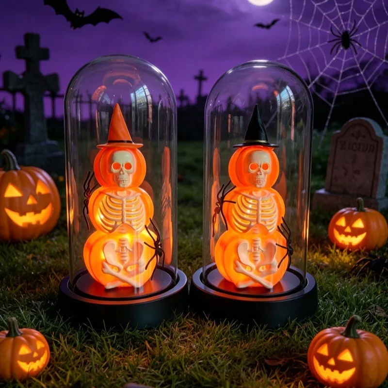 Halloween jack-o-lantern ornaments, skull skeleton decorations, atmosphere scene layout props