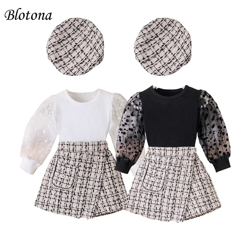 Blotona Little Girls Spring Fall Outfit Dot Print Patchwork Mesh Long Sleeve Tops Skorts 2 Pcs Set