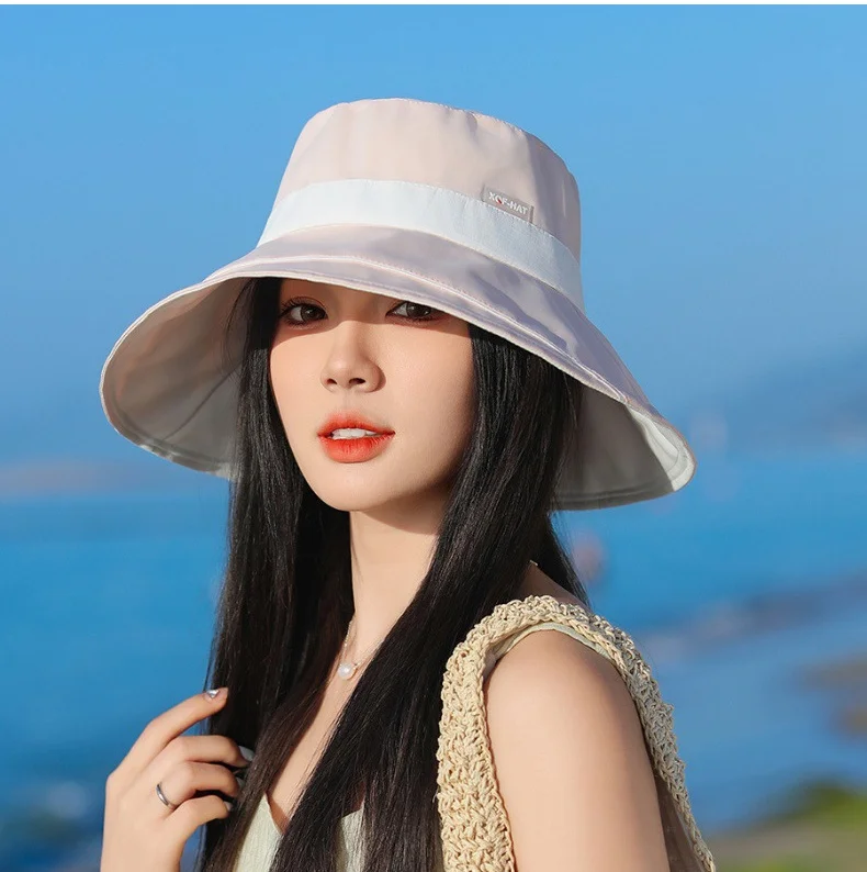 Summer Ice Silk Fisherman\'s Hat Korea Color Blocking UV Large Brim Sunscreen Hat Outdoor Beach Vacation Women 56-58cm