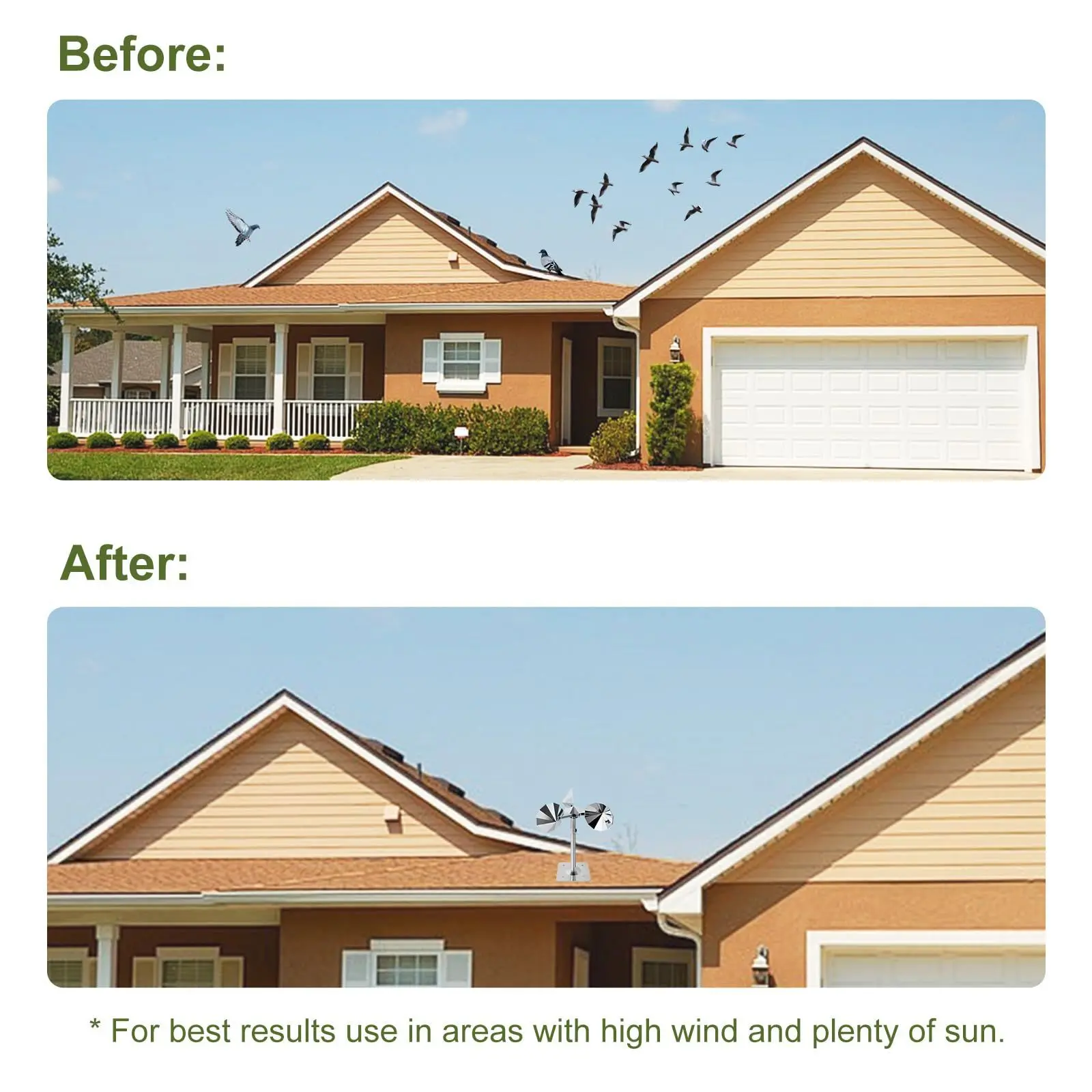 Bird repellent reflective rotating device to scare away pigeons, woodpeckers and other birds