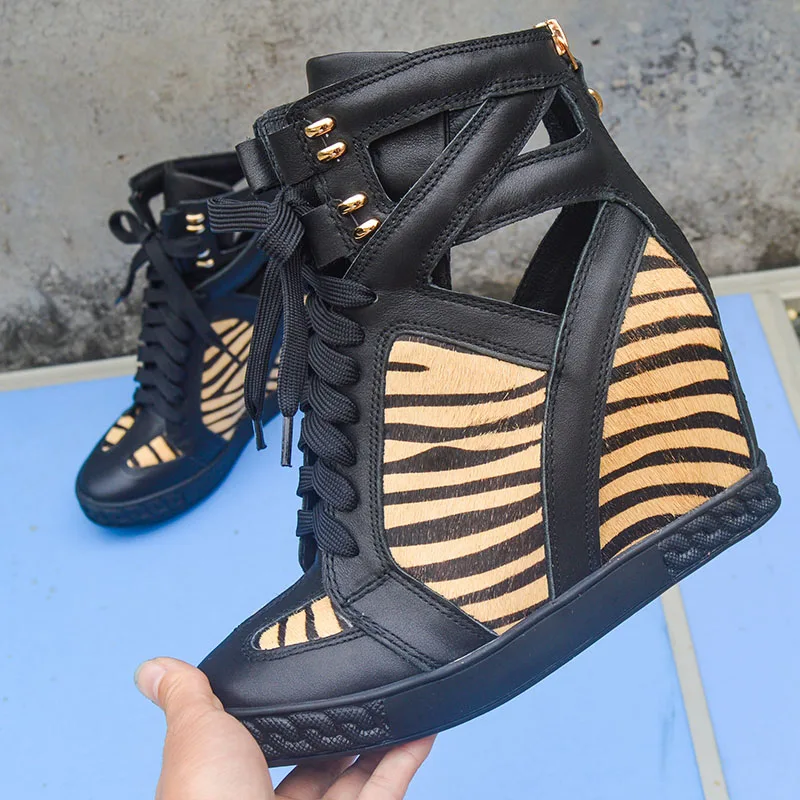 Neon Patchwork Ankle Boots Hidden Inner Heel Height Increased Zebra Striped High Top Sneaker Femme Real Leather Short Booties