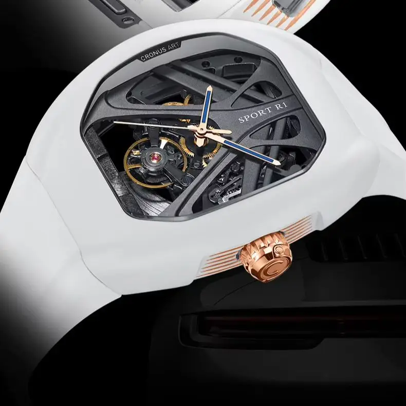 

CRONUSART Мужские автоматические часы 49*42 мм Механические наручные часы Tonneau Lume Фторкаучуковый ремешок Скелет Складная скрытая ручка с короной
