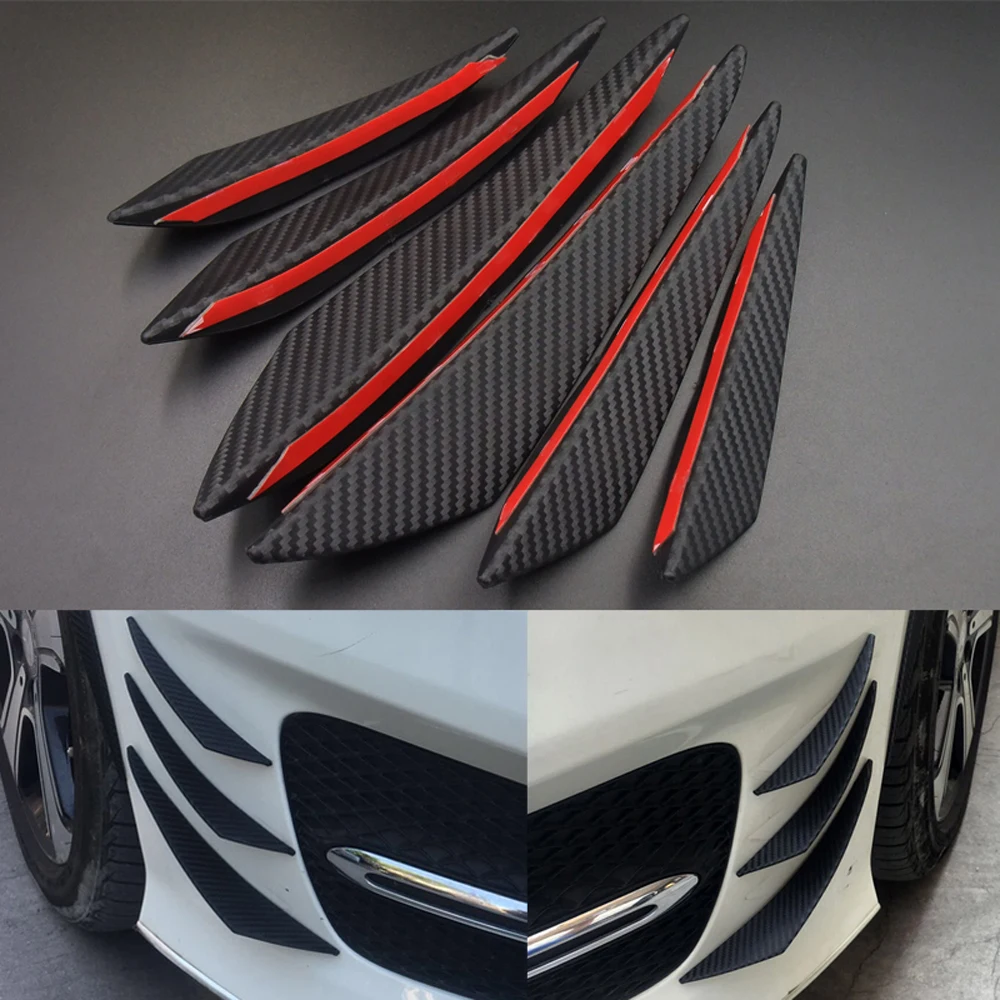 6pcs Universal Black Carbon Fiber Car Styling Accessories Front Bumper Lip Rubber Fin Splitter Spoiler Canard Valence Sticker