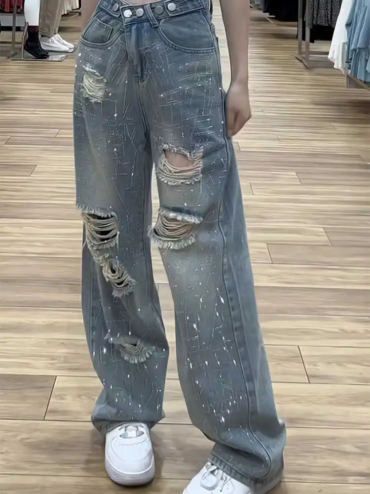 Zomer dames gescheurde diamanten jeans mode hoge taille losse wijde pijpen broek oversized vrouwelijke denim broek S-3XL