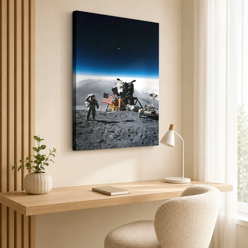 Apollo Moon Landing Astronauts Wood Framed Canvas Poster Customized Photo Historic Lunar Scene Wall Art For Study Astronomy Gift