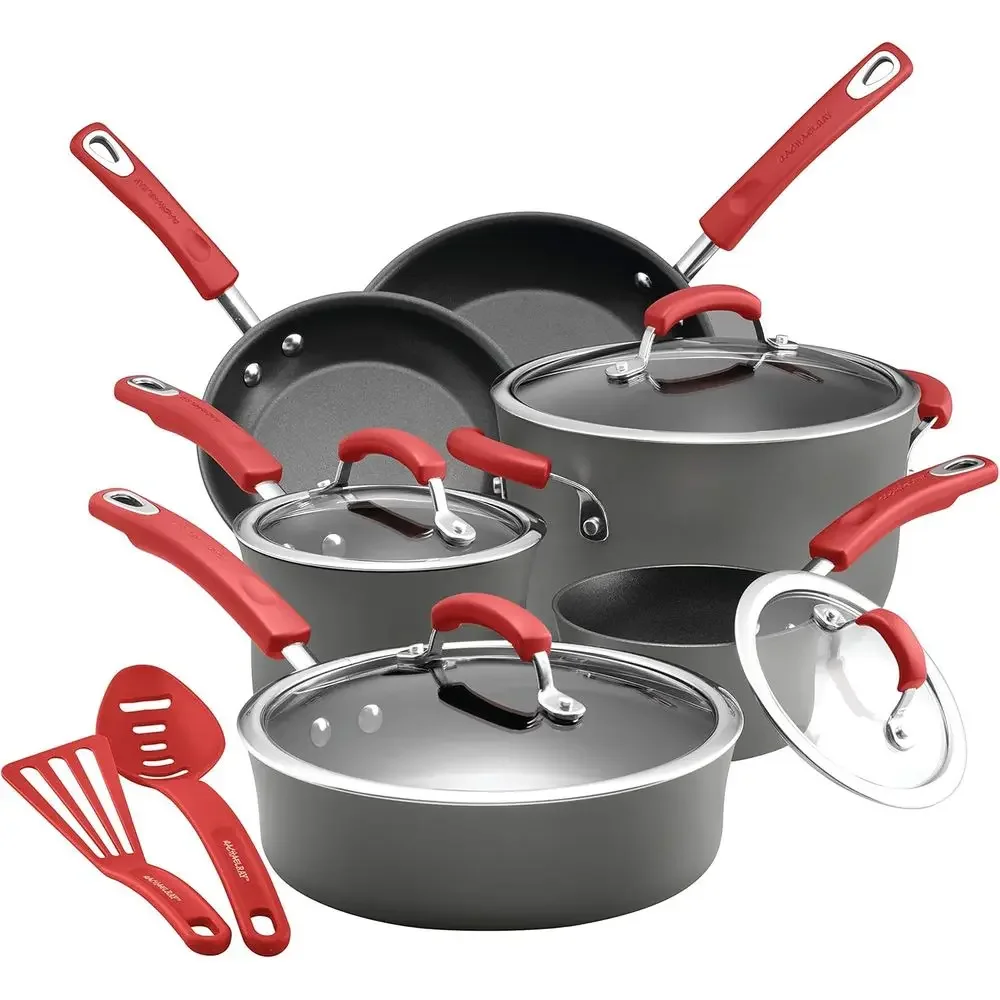 

12-Piece Gray Hard Anodized Nonstick Cookware Set with Red Handles