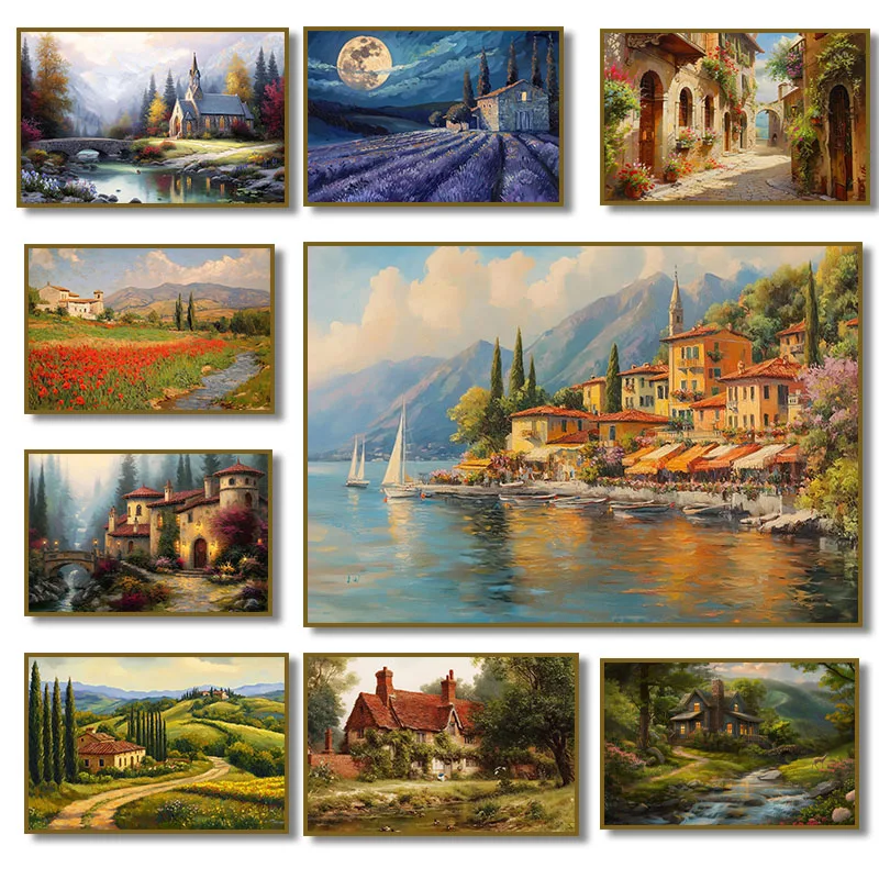 Italienische Stadtbild Rustikale Nachtkabine Wald Villa Landschaft Cottage Poster Leinwand Malerei Druck Wand Kunst Bild Home Decor