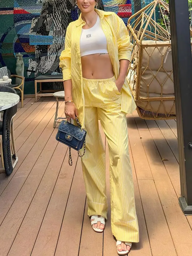 HH Summer Fashion Yellow Striped 2 Piece Pants Set Long Sleeves Lapel Blouse+Drawstring Straight Pants Female Causal Suit