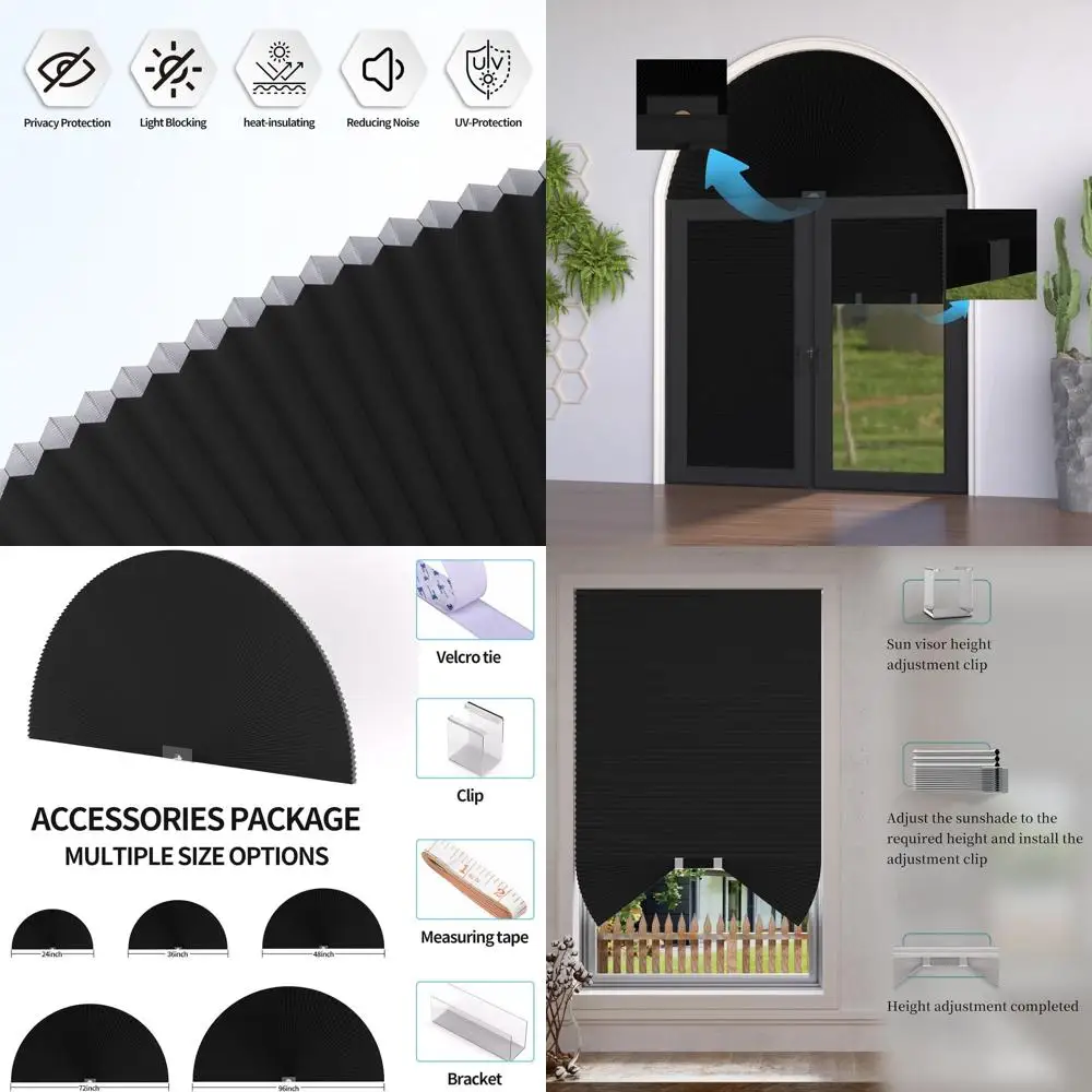 

Cordless Half Circle Blackout Cellular Shades - No Drill, Easy Install, 2 Pack, 72W x 36H, Black