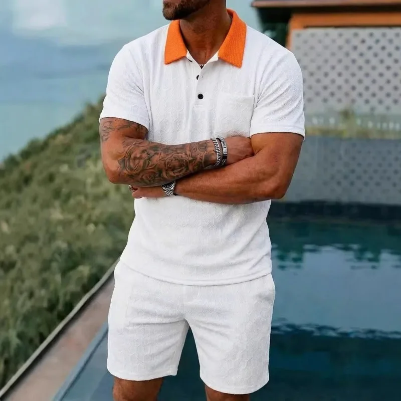 

Men's 2 Piece Contrast Collar Polo Shirt and Shorts Set Textured Jacquard Summer Casual Outfit
