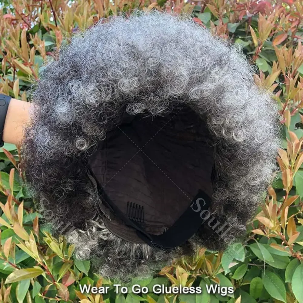 LULUCHIC Beginner Friendly Wear To Go Wigs Salt And Pepper Short Afro 4C Kinky Curly Human Hair Glueless Wig For Women Glueless