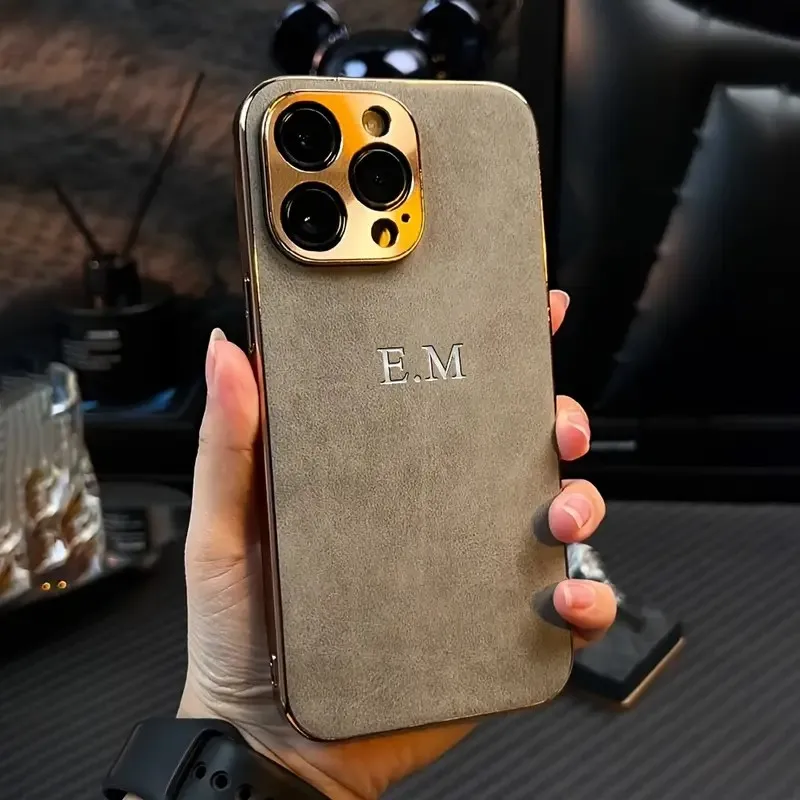 Personalisierte Luxus-Lederhülle mit Gold-Initialen und Linsenschutz für iPhone 14 12 11 13 15 16 Pro Max 14 15 16 Plus Hüllen