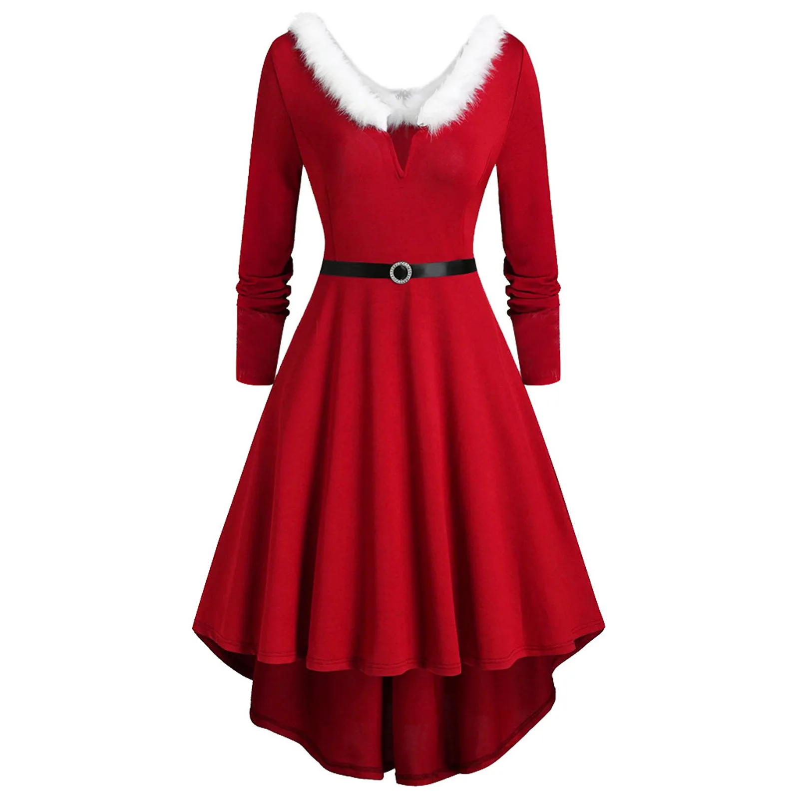 Women Christmas Dress Faux-Plush Panel V-Neck Xmas Party Dress New Year Long Sleeve Irregular A-Line Dress Robe Femmes Navidad