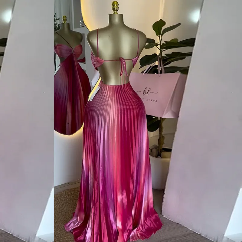 Pink Gradient Color Women Prom Dress Sexy Lace Up Back Sleeveless Ruched Ruffles Party Gown Casual Formal Prom Birthday Robe