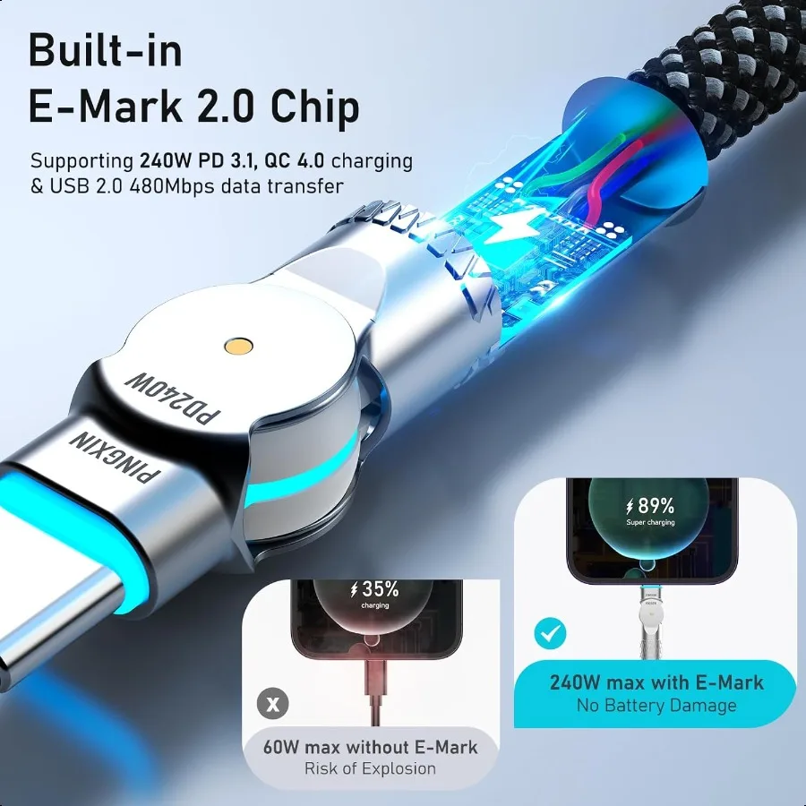 كابل USB C إلى USB C 10ft240W 2 عبوة مضفرة 180 ° كابل شحن دوار من النوع C شحن سريع لهاتف iPhone 16 16Pro 16Plus 16ProMax Bo
