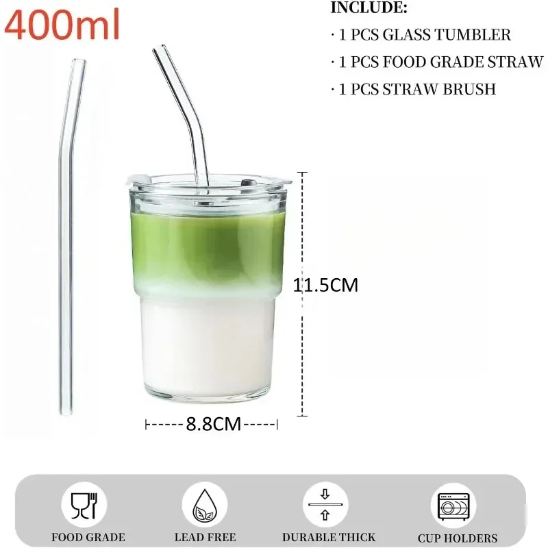 400/600ML Gestreifter Glas-Kaffeebecher Transparenter Trinkbecher mit Deckel und Strohhalm Großer Saft- und Eiskaffeebecher – Detail 9