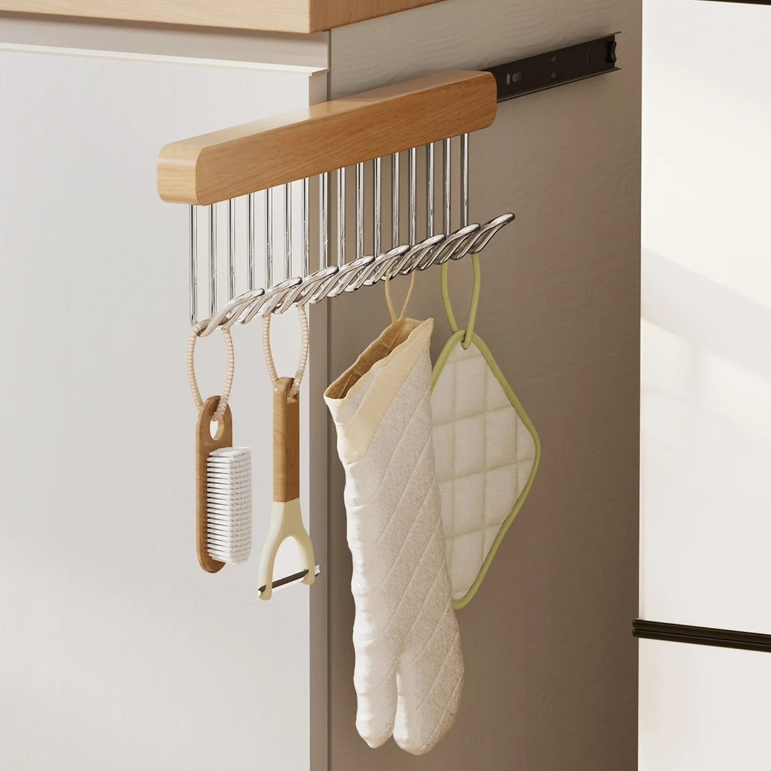 1pc Wooden Wall Hanger with Stainless Steel Sling Hooks Pull Out Telescopic Drying Rack Space-Saving Underwear & Vest Organizer