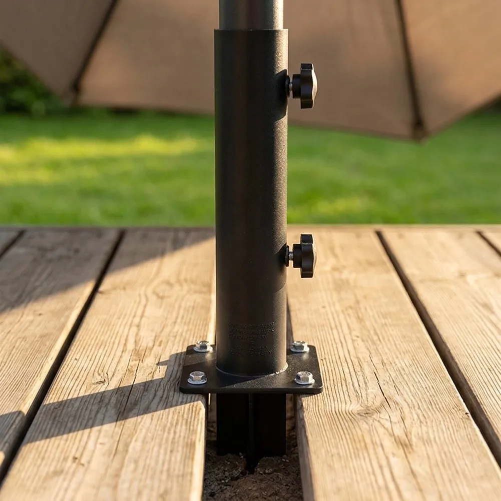 Metal outdoor for parasol base kit compatible with most parasols providing stable and weather resistant support for outdoor use