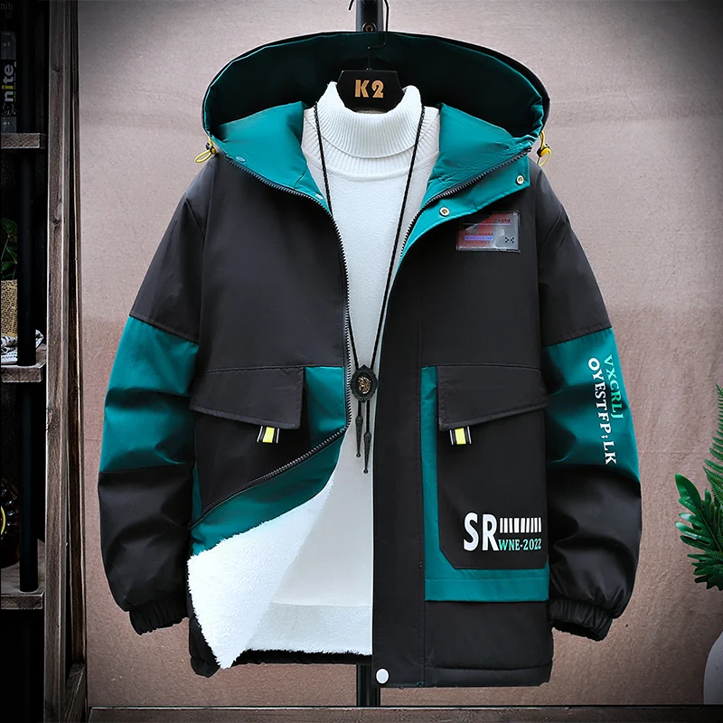 Autumn/Winter Trendy Hooded Jacket Color Matching Windproof Plush Thick Insulation Jacket Printed Men\'s Outdoor Clothing Casual