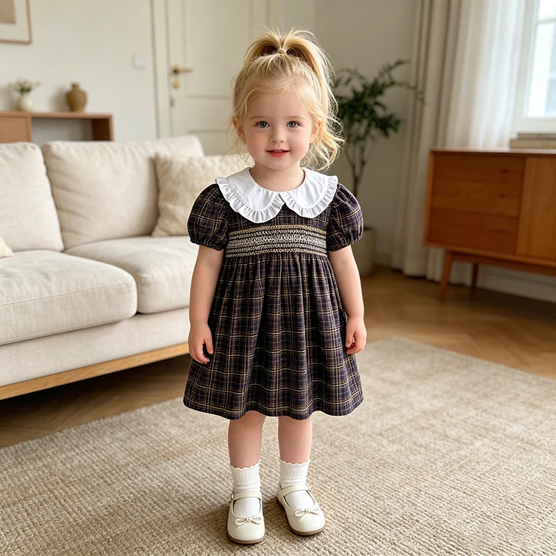  2026 Summer New 2-6Yrs Girl Princess Dress Baby Dress Hug Up Grid Short Sleeve Toddlers Kids Cotton Cute Party Dress