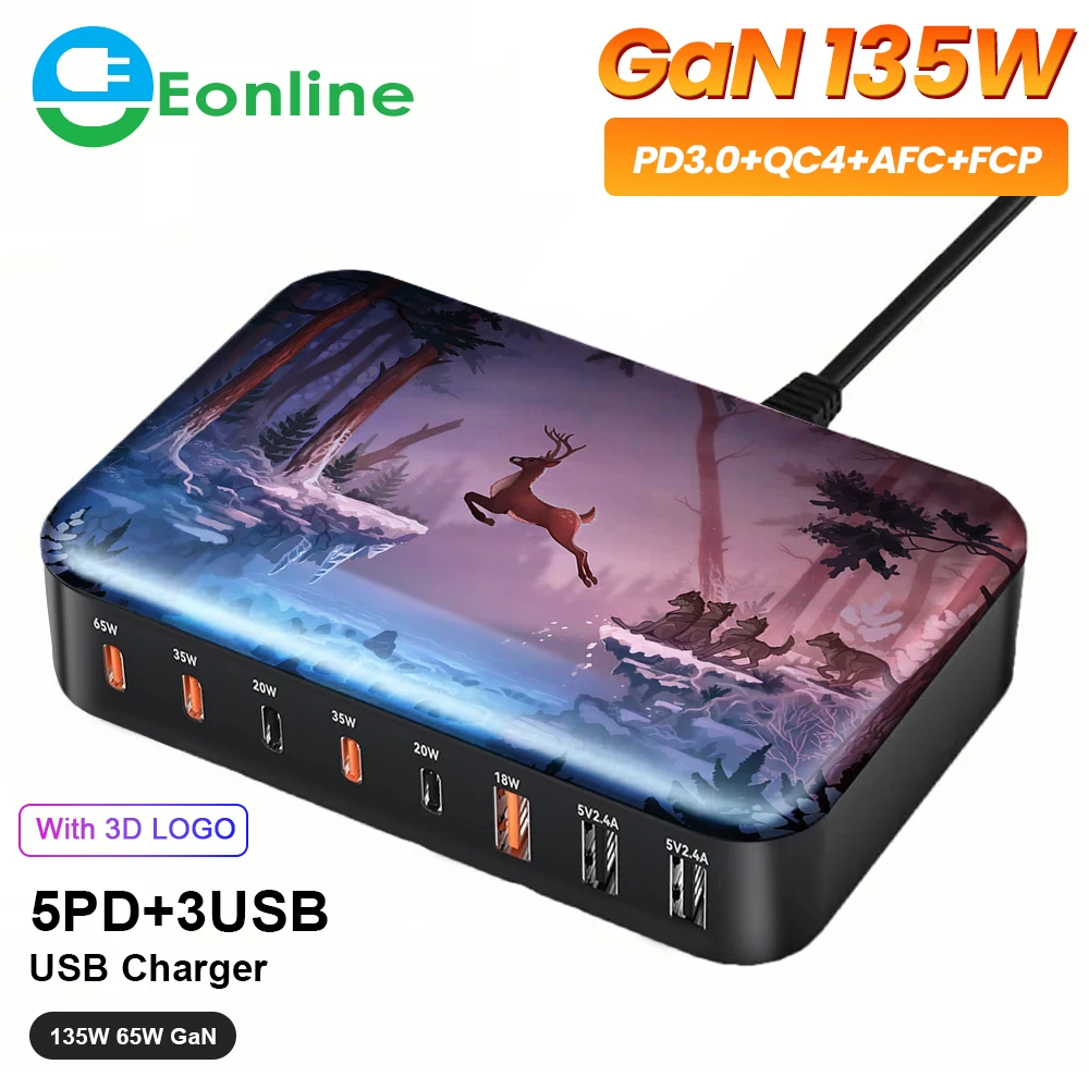 

Eonline 3D GaN 135W Fast Charger 8-Port USB C Charging Power Station with 65W 35W PD3.0, 18W QC3.0 for MacBook Pro Phone 14 Sams