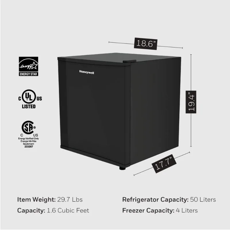 Honeywell-Mini refrigerador compacto com congelador, única porta, baixo ruído, quarto, escritório, dormitório, preto, 1,6 pés