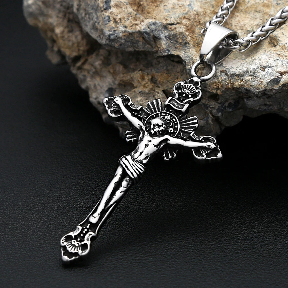 خمر 316L الفولاذ المقاوم للصدأ يسوع الصليب قلادة قلادة للرجال النساء الدين تميمة موضة الهيب هوب مجوهرات هدية ارتداء اليومي