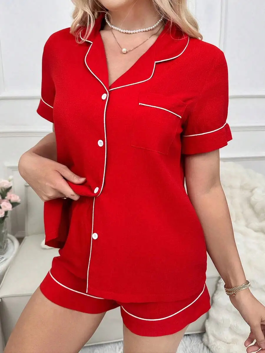 

Red Contrast Trim Pajama Set Short Sleeve Top And Shorts Lounge Wear