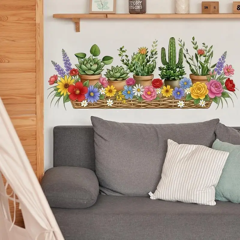 Cactus And Flower Plant Wall Decals Decorative Self-Adhesive Wall Stickers Living Room Wall Beautify Decorative Wall