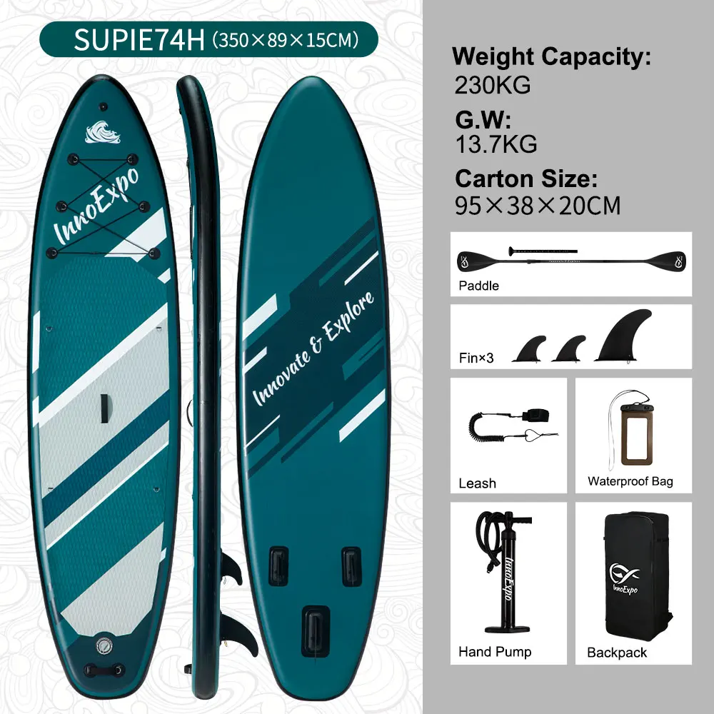 InnoExpo Opblaasbaar Stand Up Paddle Board 320 × 83 × 15cm, Antislip SUP met peddel, pomp, rugzak & accessoires, Opblaasbaar paddle board voor surfen, yoga, vissen & toeren.
