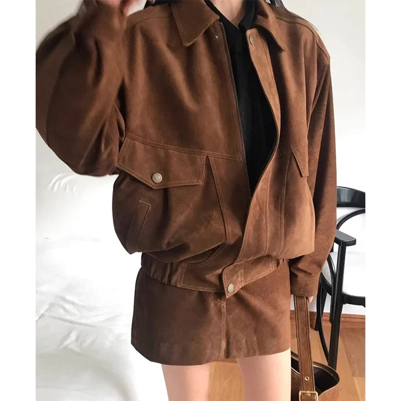 Korean Vintage 2 Piece Sets Laple Neck Long Sleeve Zipper Women Jackets + High Waist A-line Skirts Loose All-match Suit