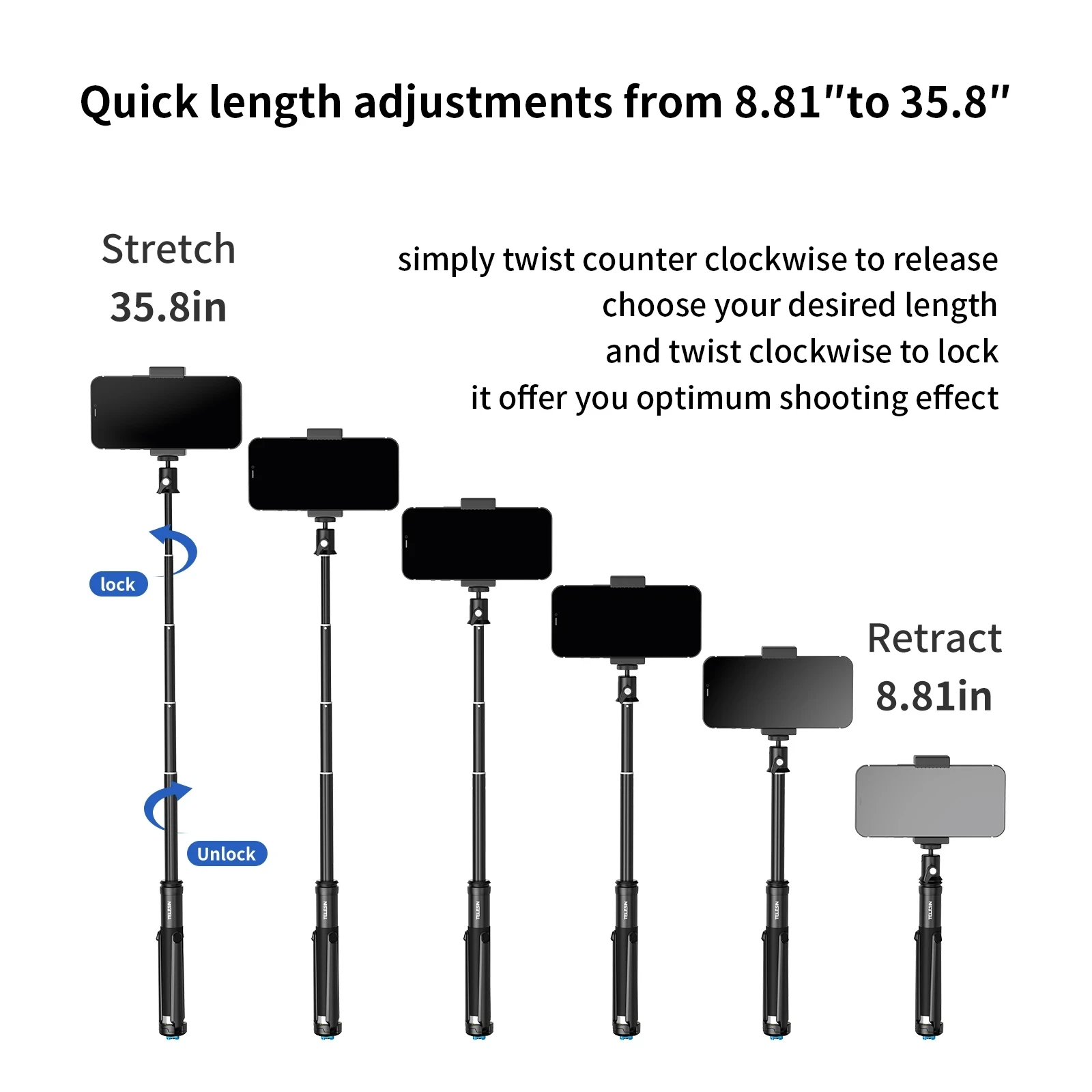 TELESIN Selfie Stick Foldable Tripod Phone Holder Aluminum Alloy Monopod for GoPro 13 12 11 DJI Action 4 5 Insta360 iPhone 16 15