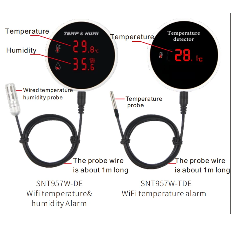 Sensor de temperatura e umidade Tuya WiFi, Faixa de detecção 40 °C a + 120 °C, Sonda externa, Controle aplicativo Tuya, 1m 3m