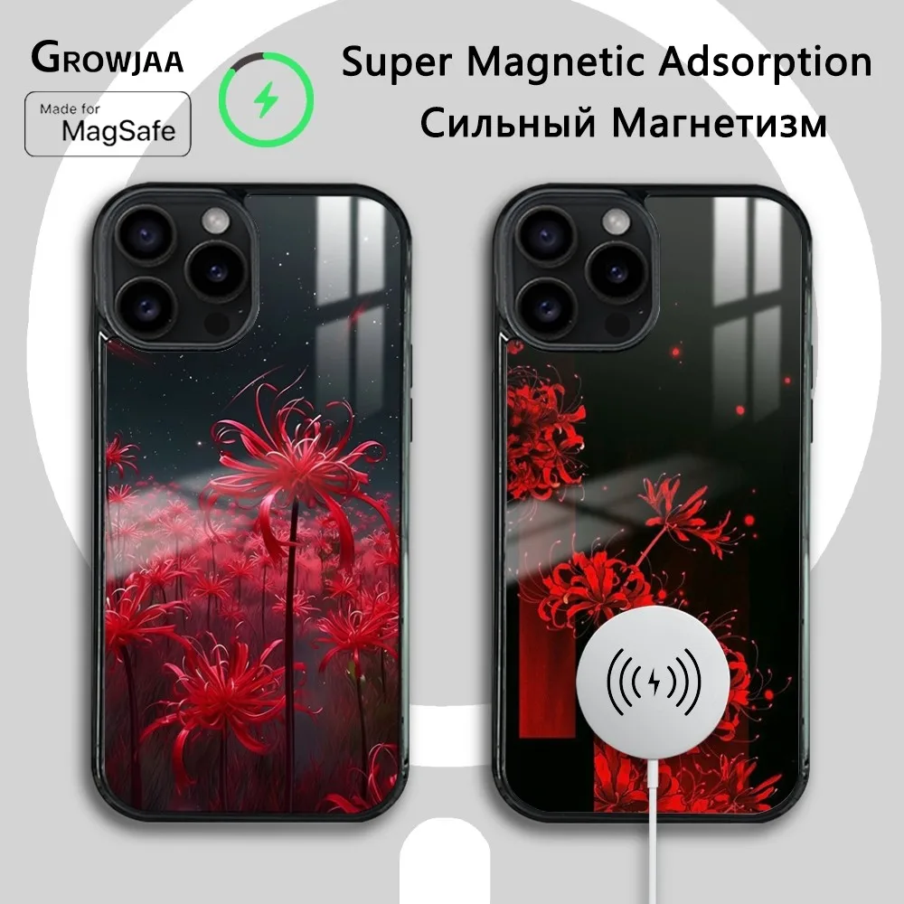 

Red Spider Lily Flowers Phone Case For iPhone 16 15 14 13 12 11 Pro Max Plus Mini New Magsafe Mirror Wireless Magnetic Cover