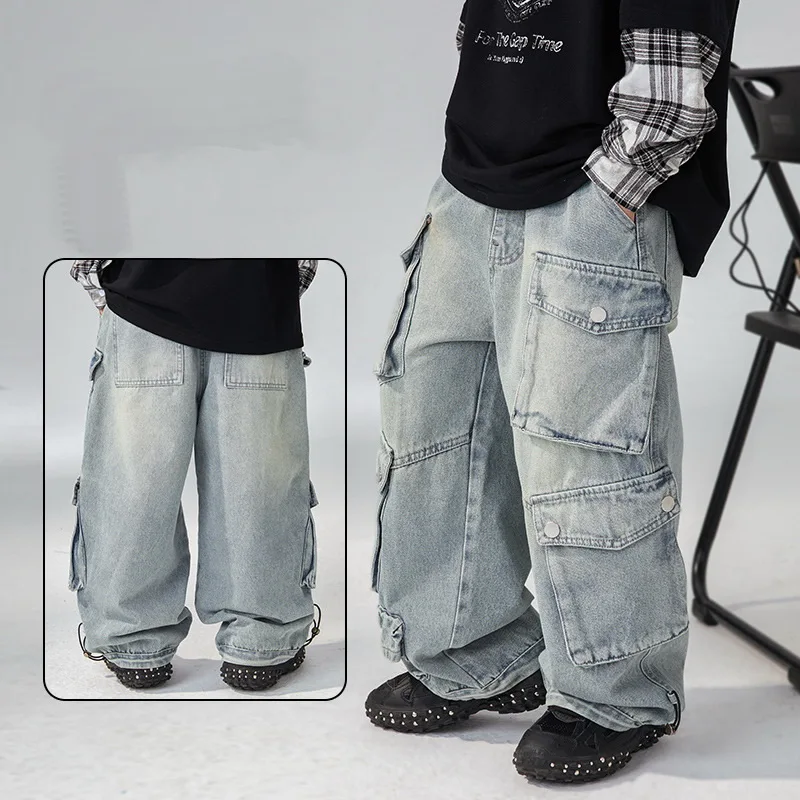 High Quality Retro Blue Wide Jeans for Big Boy Baggy Jeans With Pocket Cowboy Cool Denim Pants With Hole Kids Ripped Jeans 5-14T