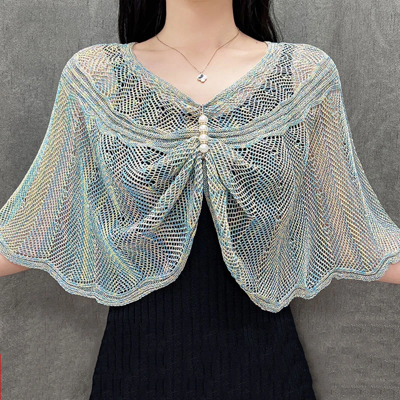 Korean Ice Silk Hollow Pearl Sunscreen Shawl Female Summer Air Conditioning Neck Protection Pullover Knit Cloak Women\'s Cape R72