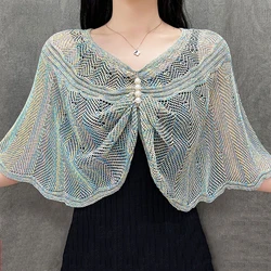 Korean Ice Silk Hollow Pearl Sunscreen Shawl Female Summer Air Conditioning Neck Protection Pullover Knit Cloak Women's Cape R72