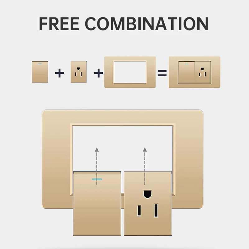 

Универсальная настенная розетка PSSRISE (США/Таиланд) с быстрой зарядкой Type-C 2.1A, 1-6 гнезд, 2-клавишный выключатель света, золотой, из поликарбоната