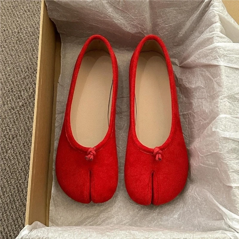 موضة سبليت تو حذا فردي للسيدات خريف جديد جولة تو الجلد المدبوغ الانزلاق على لينة وحيد مقاومة للاهتراء حذاء مسطح #5