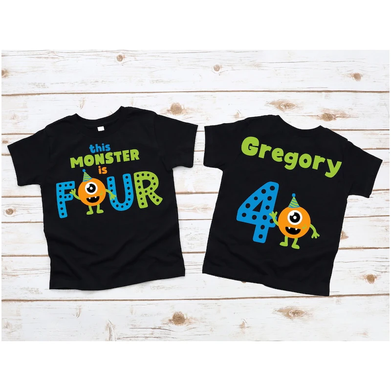

Monster 4th Birthday Boy Shirt on Black T Shirt - Fourth Birthday Little Monster Outfit, Birthday T-Shirt Blue Green Orange Cute