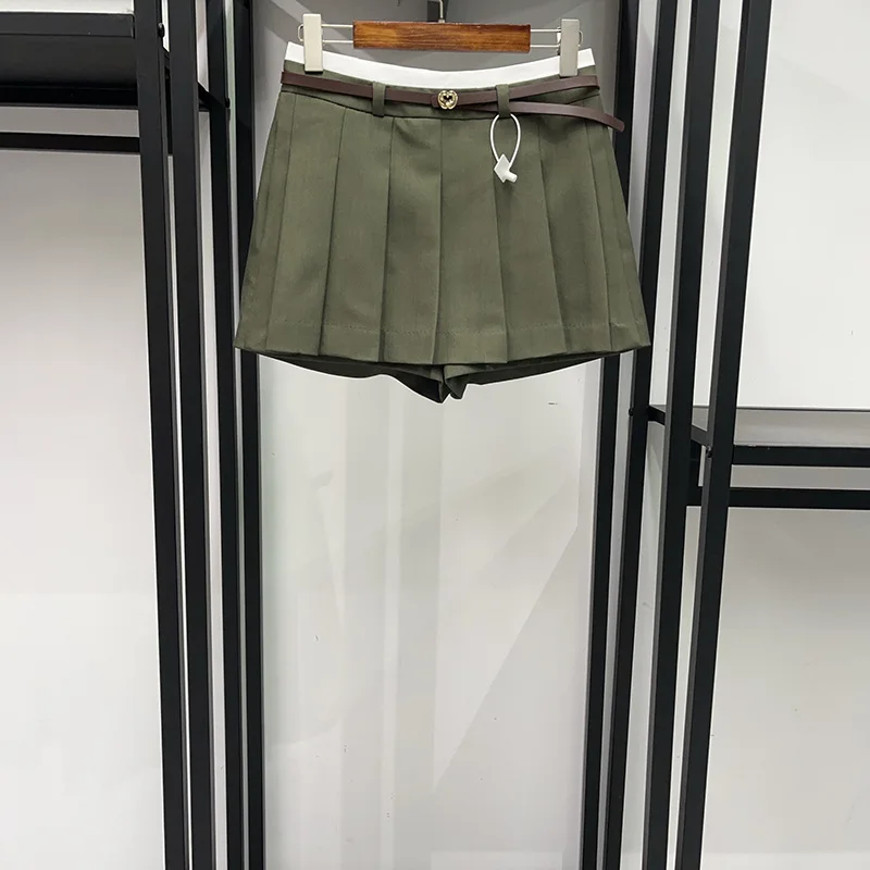 Women Contrasting Patchwork High Waist Pleated Shorts Skirt Metal Buckle Belt 2026 Autumn New Ladies A-Line Fashion Culottes