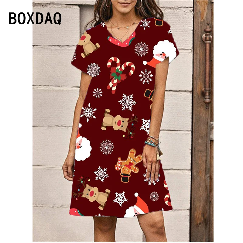 Women's Christmas Short Sleeved Dress Funny 3D Christmas Tree Cartoon Christmas Deer Printed Dress V-Neck Fashion A-Line Dresses