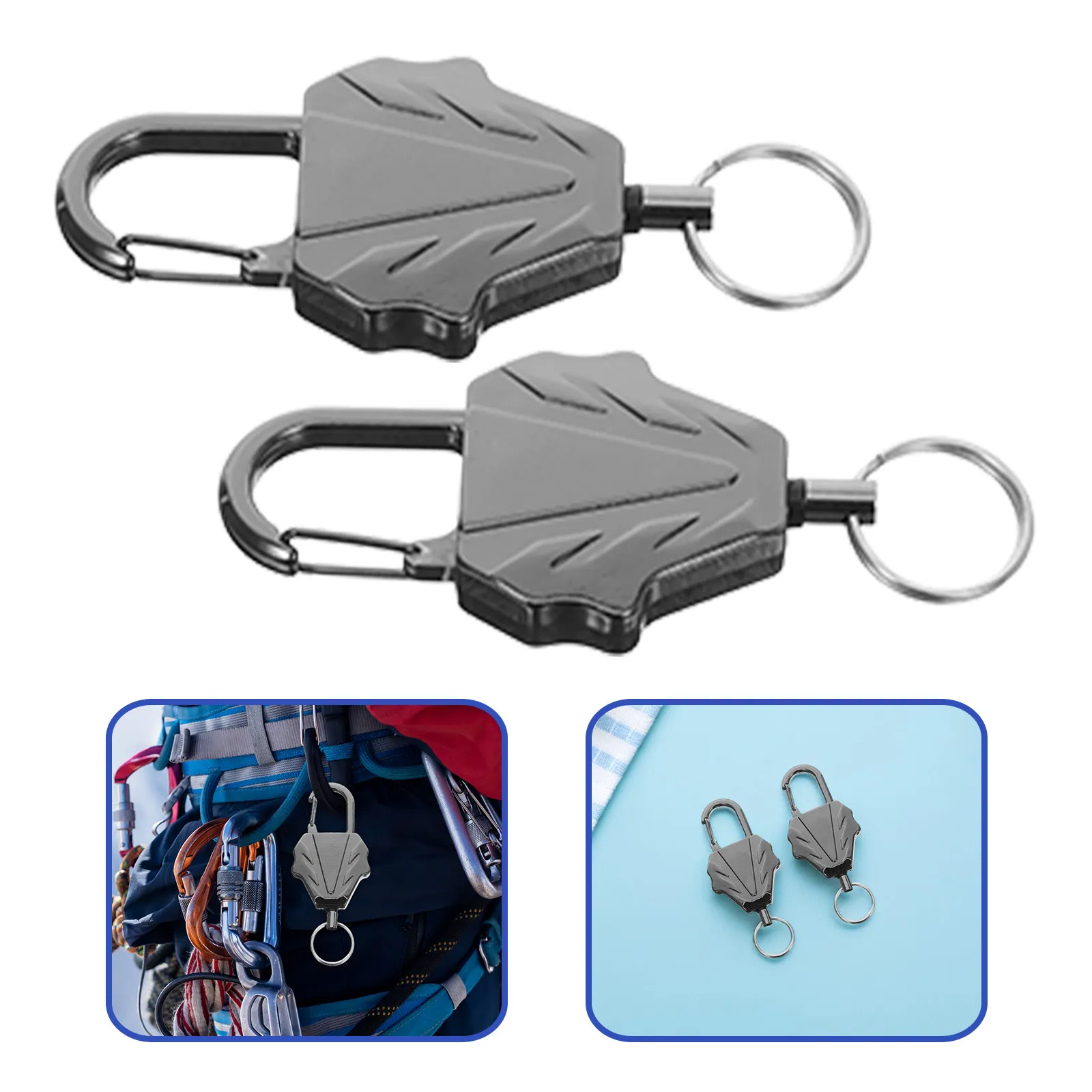 2Pcs Outdoor Climbing Retractable Badge Holder Keychain Steel Cable Carabiner Clip Heavy Duty Extendable Key Reel for Hiking