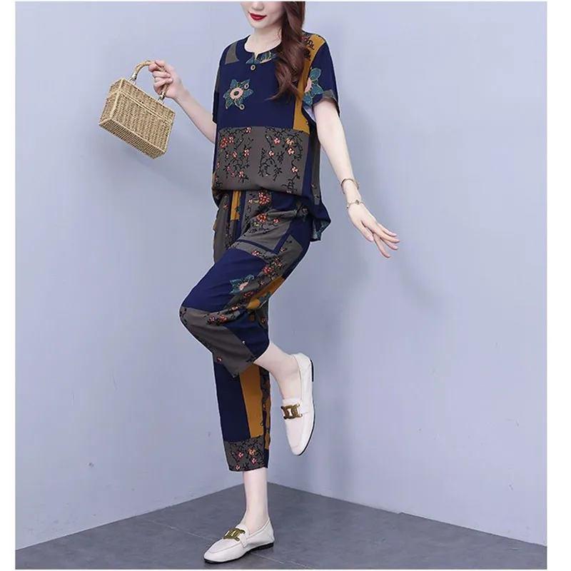 Suit Women\'s Summer 2024 New Fashion High Quality Two-Piece Printed Age-Reducing Set Large Size Ladies Outfit Korean Loose 2PCS