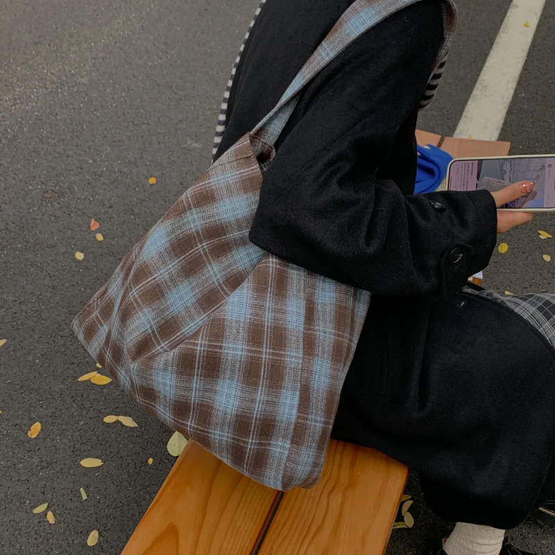Korea Autumn-Winter New Style Retro Check Single-Shoulder Bag Relaxed Lazy Style Large Capacity Tote Bag Students Commuting