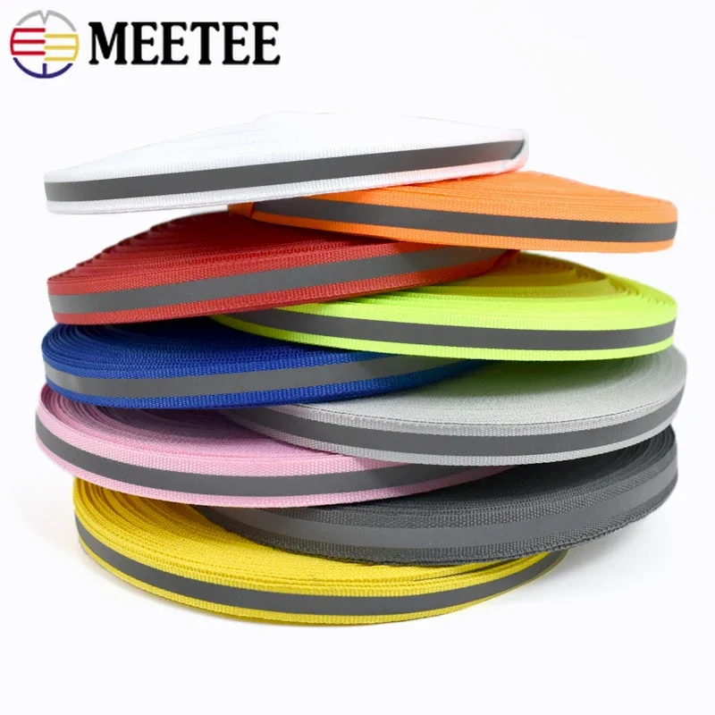 50Yards Meetee 10mm Reflective Nylon Webbing Safety Warning Band Fluorescent Silver Ribbon Uniform Garment Decor DIY Accessories