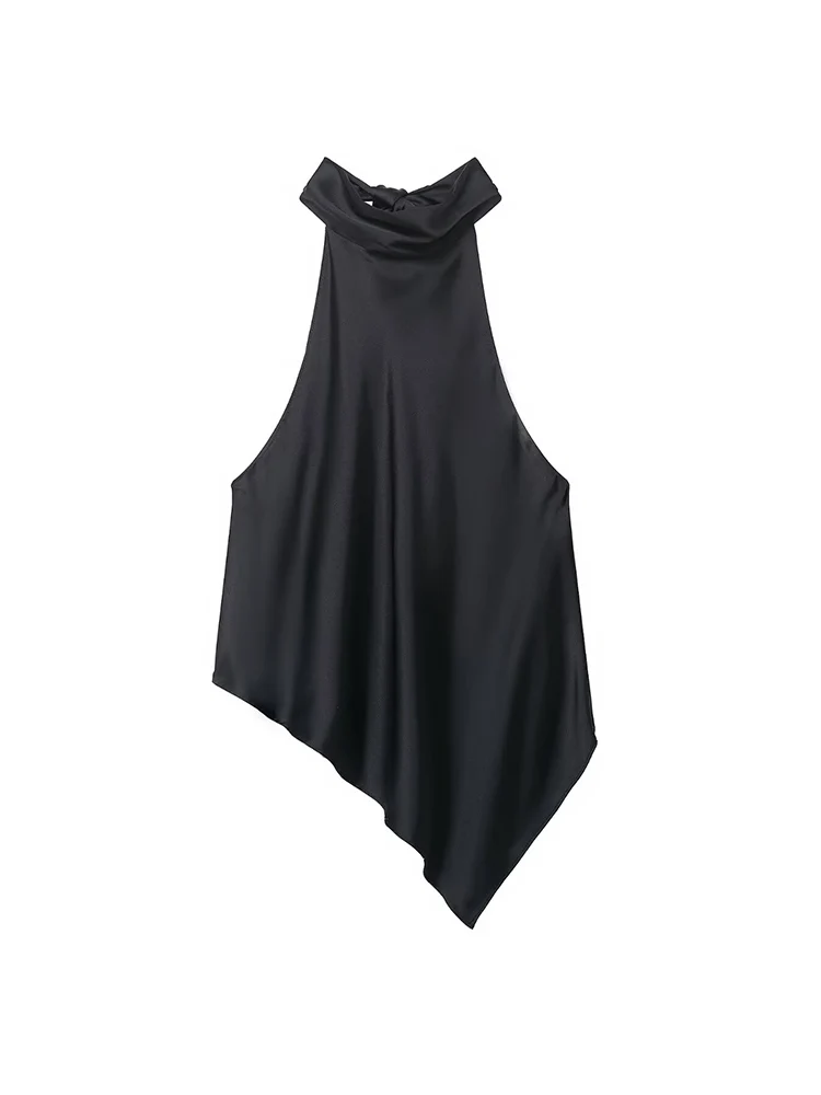    موضة جديدة للمرأة الساتان الرسن سترة أنيقة غير النظامية هيم عارية الذراعين أكمام الشارع تانك القمم الصيف عطلة بلايز عادية