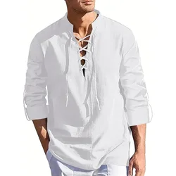 Mens Long Sleeve Pirate Henley Collar Shirts Drawstring Cotton Linen Lace Up V Neck Shirts Hippie Beach Spring Summer Tops