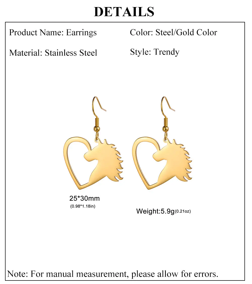 Cazador Pferdeherz-Anhänger-Ohrringe für Damen, Edelstahl, goldfarben, Tierschmuck, Ohrringe, Geburtstag, Valentinstag, Geschenk – Detail 3