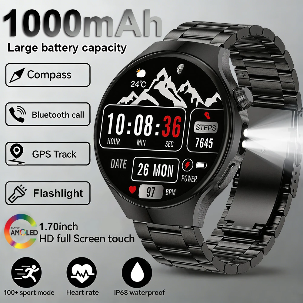 

Новые умные часы с аккумулятором 1000 мАч, фонариком, HD AMOLED-экраном 1,70 дюйма, GPS-трекером, измерением пульса, Bluetooth-звонками, компасом для мужчин 2026